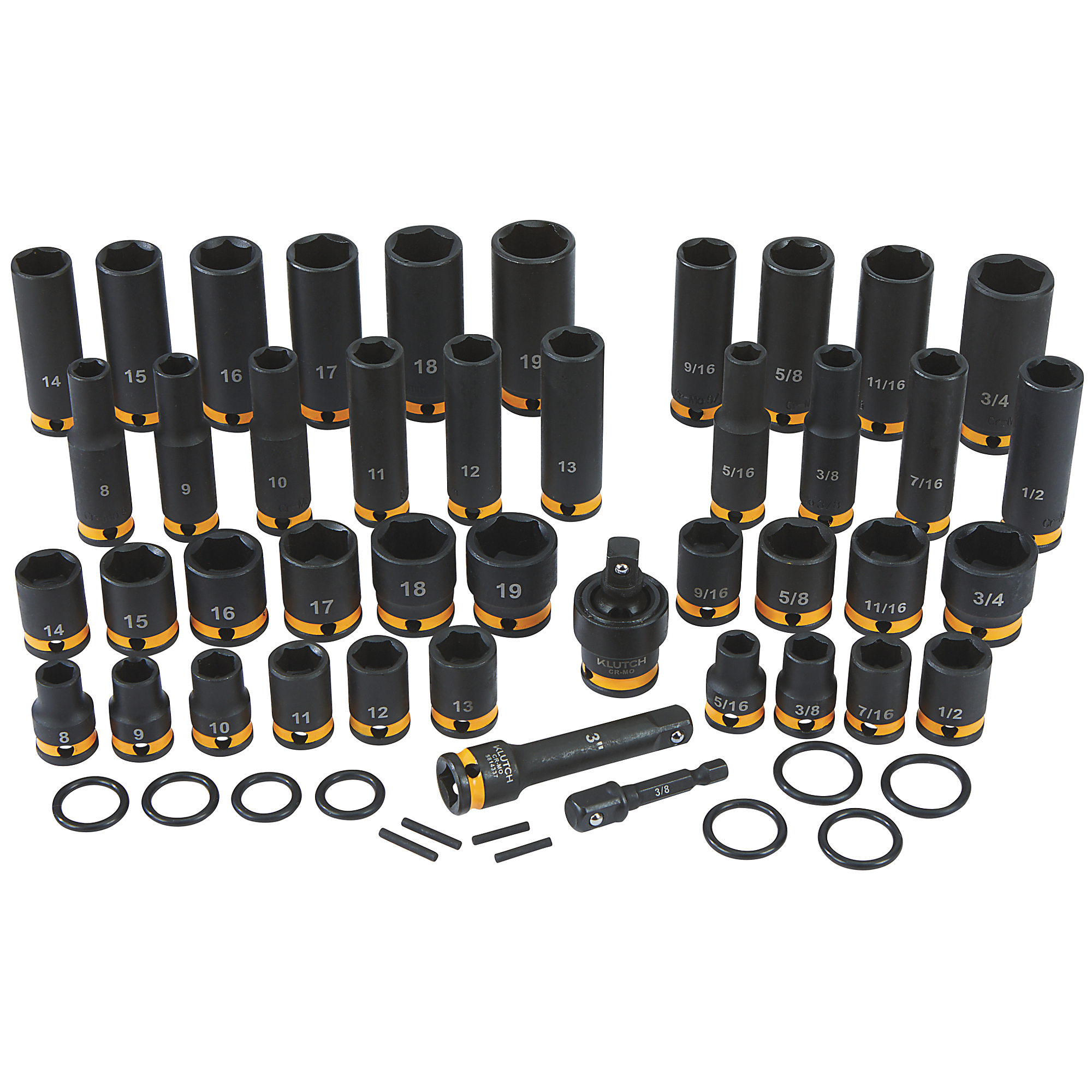 Klutch 3/8in.-Drive Chrome Molybdenum Impact Socket Set, 6-Point, Metric and SAE, 43-Pc.